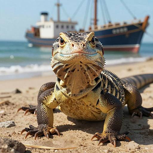 Monitor Lizard on Sandy Beach with Ship in Background
