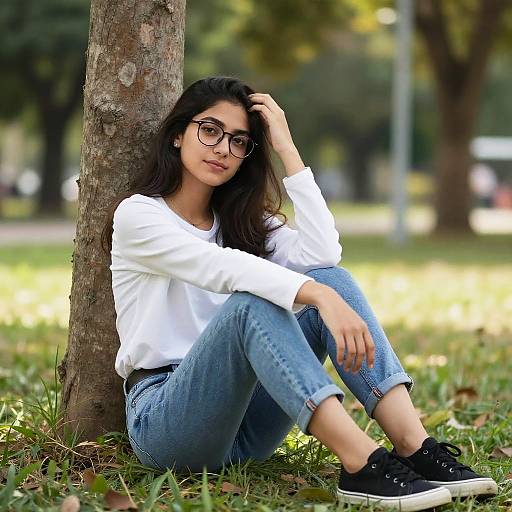 Photograph of a young woman with long black hair, wearing glasses, white long-sleeve shirt, blue jeans, and black sneakers, sitting against