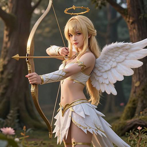 Digital artwork of a blonde angelic archer with white wings, golden halo, and white-gold armor in a forest, drawing a bow.