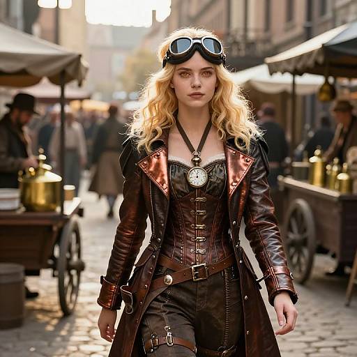 Photograph of a blonde woman with wavy hair, wearing steampunk goggles, a brown leather corset, and coat, walking down a cob