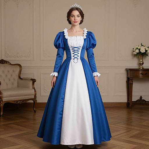 Photograph of a woman in a blue and white Cinderella-style dress with puffed sleeves, white apron, and tiara, standing in a