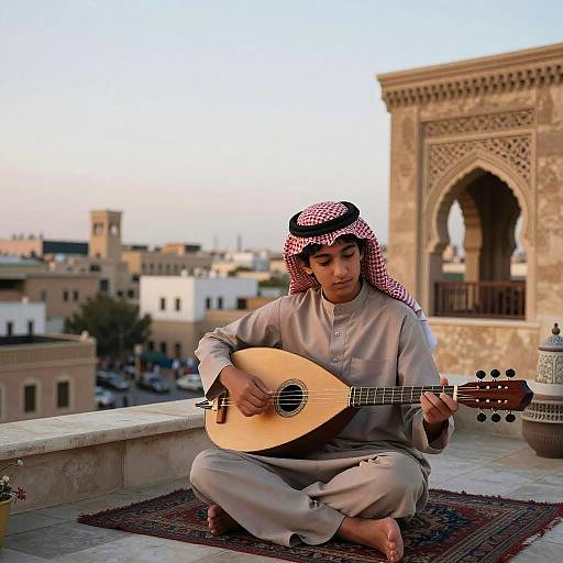 Middle Eastern Teen Playing Oud at Twilight