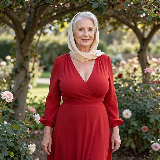 Photograph of an elderly woman with white hair, wearing a red dress and beige headscarf, standing in a sunlit garden with blooming roses