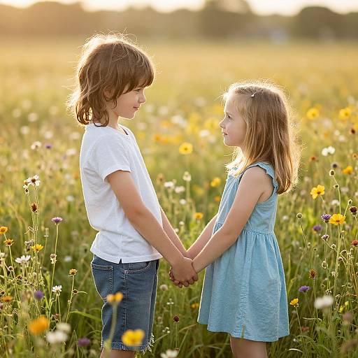 Children's Friendship in Sunlit Meadow