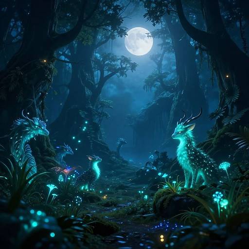 Dreamy digital artwork of a moonlit forest with glowing blue luminescent deer, surrounded by bioluminescent plants and small fireflies, under