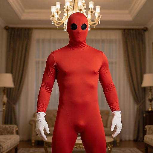 Photograph of a person in a red full-body mask with black eye holes, white gloves, standing in a luxurious living room with a chandelier and