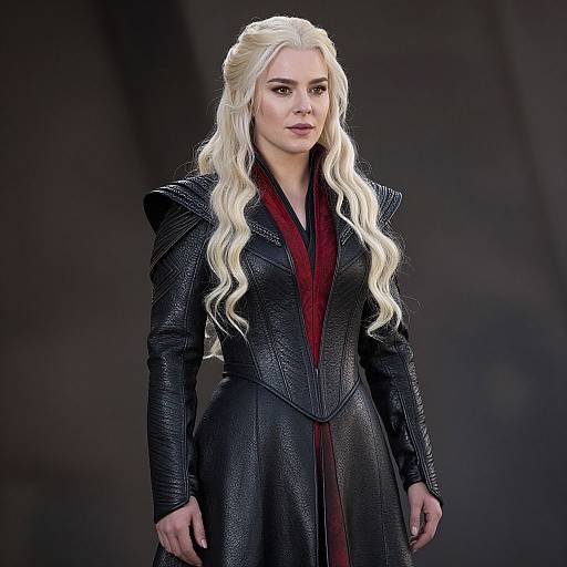 Photograph of a blonde woman with long wavy hair, wearing a black leather, textured, high-collared dress with red inner lining, standing