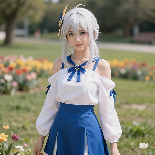 Cosplay Girl in Blue and White Outfit Outdoors