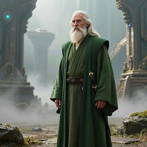 Wise Jedi Master in Misty Alien Forest