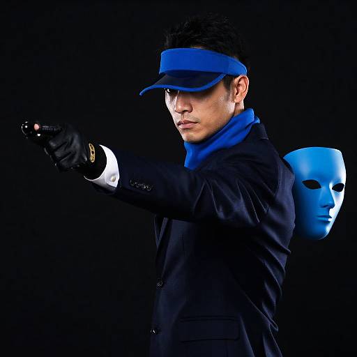 Mysterious Man in Dark Suit and Blue Visor