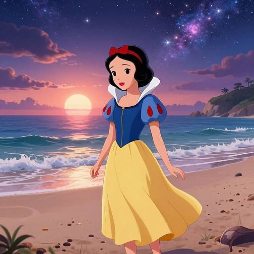 Digital illustration of Snow White in blue dress and yellow skirt, standing on a beach at sunset with a starry sky.
