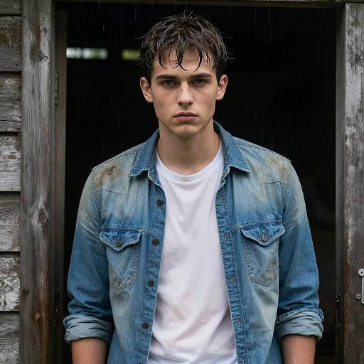 Young Man in Denim Shirt Standing in Rainy Doorway