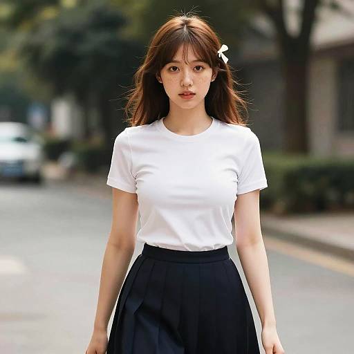 Photograph of an Asian woman with long brown hair, white t-shirt, black skirt, standing on a sunlit, tree-lined street.