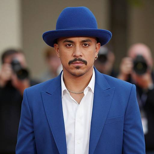 Photograph of a young man with medium brown skin, black mustache, wearing a blue fedora, blue suit, white shirt, and gold necklace