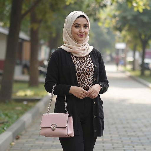 Young Woman in Hijab on Cobblestone Path