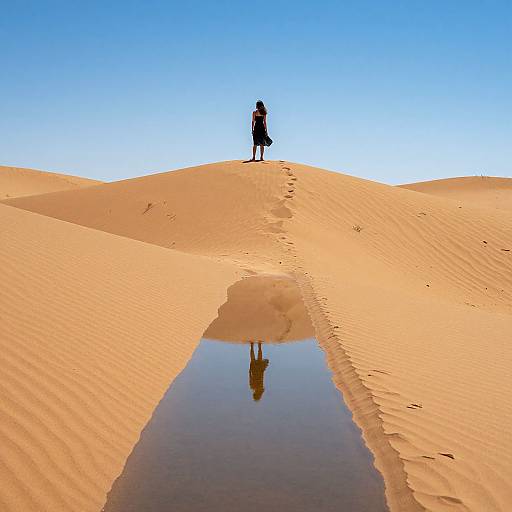 Photograph of a lone figure standing on a sandy dune, reflecting in a narrow water trench, under a clear blue sky.