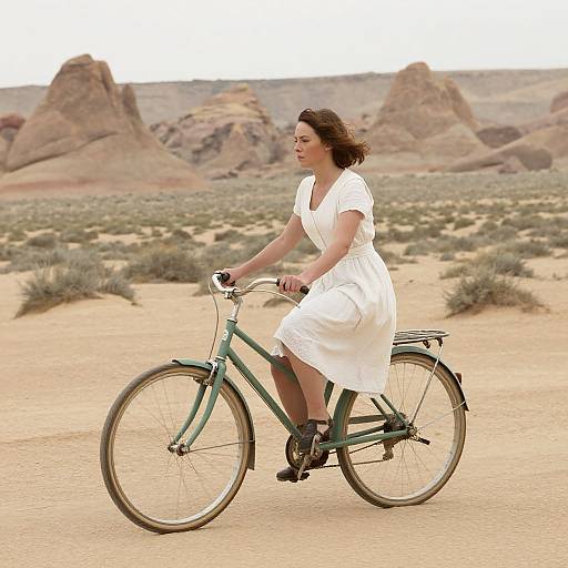 Woman on Bicycle in Desert Landscape