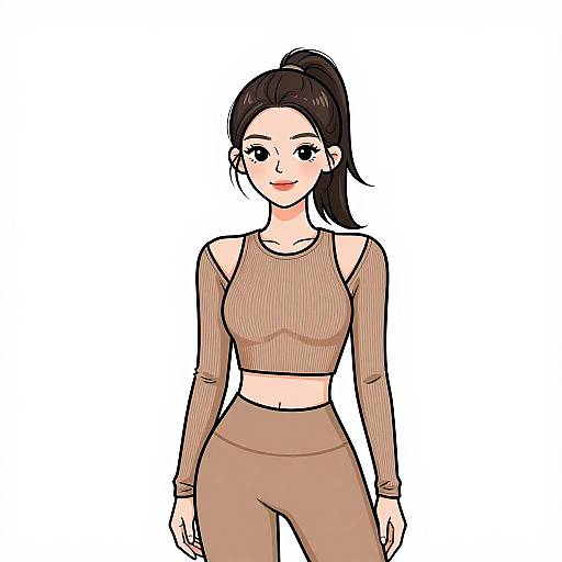 Digital drawing of an Asian woman with fair skin, black hair in a high ponytail, wearing a brown, long-sleeve crop top and matching