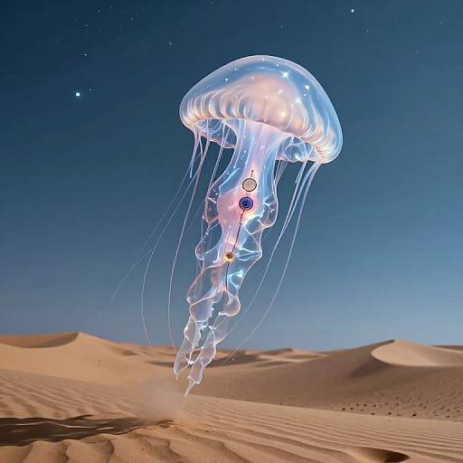 Photorealistic CGI of a glowing, translucent jellyfish with flowing tentacles hovering above a desert landscape under a starry night sky.