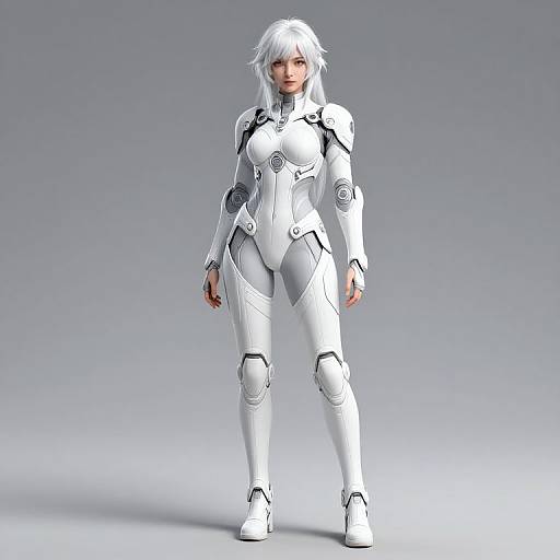 CGI image of a white-haired woman in a sleek, white, form-fitting sci-fi bodysuit with black accents, standing confidently against a