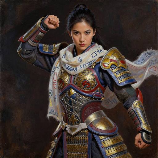 Digital painting of an Asian woman in detailed samurai armor, white scarf with blue kanji, dark background, arm raised in a fist.