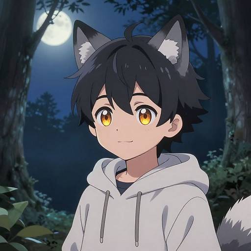 Cute Anime Wolf Boy in Moonlit Forest