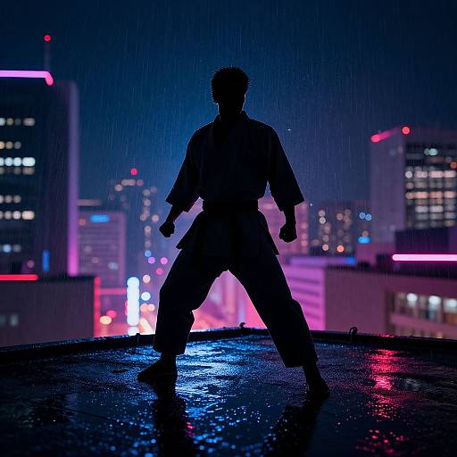Silhouetted martial artist in dynamic stance on wet rooftop, illuminated by neon city lights, with rain falling, in a vibrant, cyberpunk-style