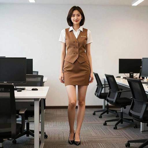 Photograph of an Asian woman with short black hair, wearing a brown vest and skirt, white shirt, and black heels, standing in a modern office