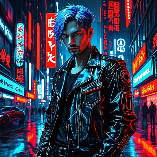 Digital art of a brooding man with blue hair in a black leather jacket, standing in a neon-lit, rainy city street. Bright red,
