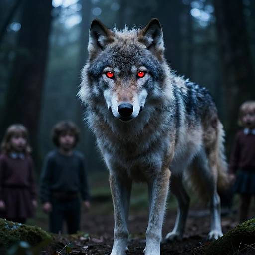 Phantom Wolf with Glowing Red Eyes in Haunted Forest