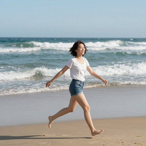 Young Woman Running on Sunlit Shore