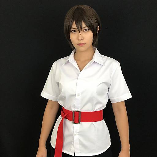 3D-rendered Asian woman with black hair, wearing a white short-sleeve shirt and red belt, standing against a black background.