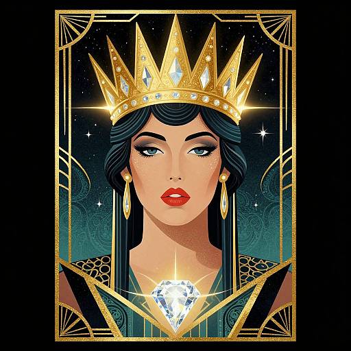 Digital illustration of a regal woman with black hair, red lips, golden crown, and large earrings, centered in an ornate, geometric frame.