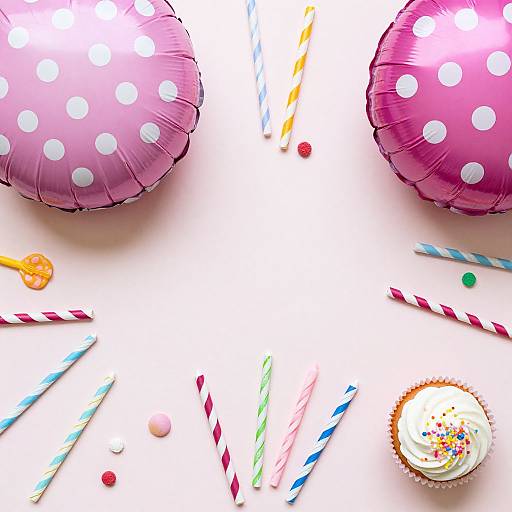 Top-down photo of pink polka-dotted balloons, colorful striped straws, lollipops, and a frosted cupcake with sprinkles