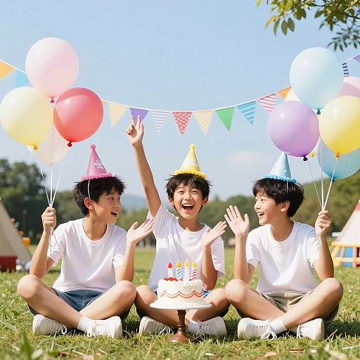 Three Asian teenage boys in white shirts and party hats, sitting on grass, holding balloons, laughing, and celebrating with a birthday cake.