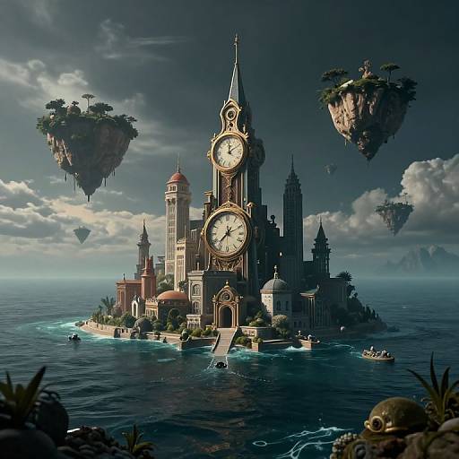 Surreal Oceanic Cityscape with Floating Islands