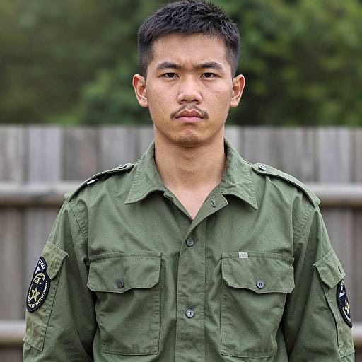 Young Man in Military-Style Shirt Outdoors