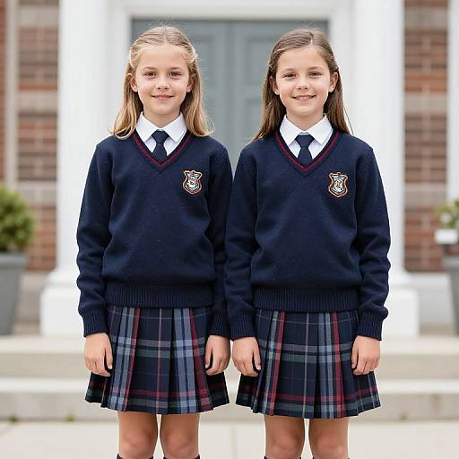 Photograph of two young girls, identical twins, in matching navy school uniforms with plaid skirts, standing in front of a brick building.