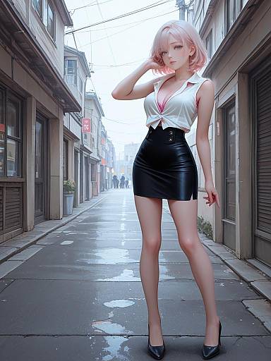 Digital anime-style photograph of a blonde woman with pink hair, white blouse, and black leather mini-skirt, standing confidently on a wet, empty urban