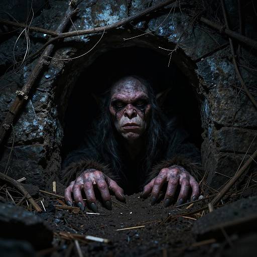 Photograph of a menacing, pale-skinned, dark-haired ape with grimy hands emerging from a dark, rocky cave entrance surrounded by tangled branches.