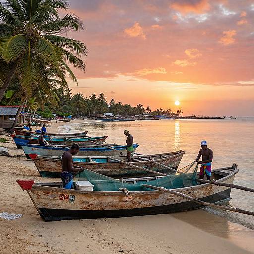 Photograph of four weathered wooden boats on a sandy beach at sunset, with palm trees and fishermen in colorful attire.