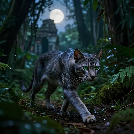 Photorealistic digital artwork of a green-eyed, gray tabby cat with water droplets on its fur, prowling through a dark, moonlit