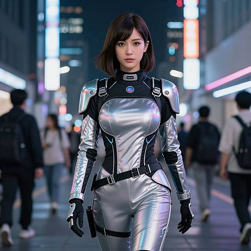 Photorealistic CGI of an Asian woman in a silver, futuristic armored suit walking in a neon-lit, bustling city street at night.