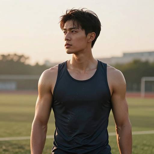 Photograph of a muscular, East Asian man with short black hair, wearing a black tank top, standing on a grassy field at sunset, looking