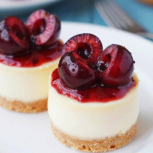 Photograph of two mini cheesecakes topped with glossy, deep red sliced cherries on a white plate, with a blurred blue background.