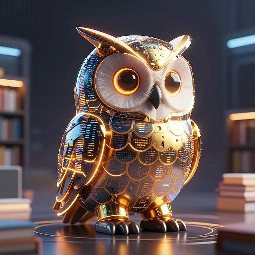 Futuristic Neon 3D Owl in Tech Library