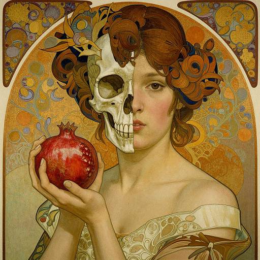Digital artwork of a fair-skinned woman with curly brown hair, half-skull, holding a red pomegranate; ornate, colorful background