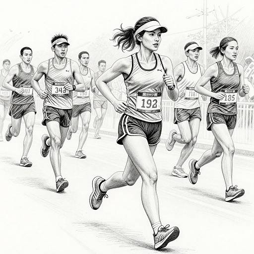 Black-and-white sketch of six runners, including a front female with long hair, cap, and bib number 134, sprinting energetically.
