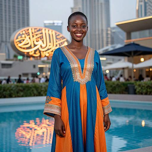 Photograph of a smiling black woman in a blue and orange embroidered traditional dress, standing by a city pool with blurred skyscrapers and illuminated signage in