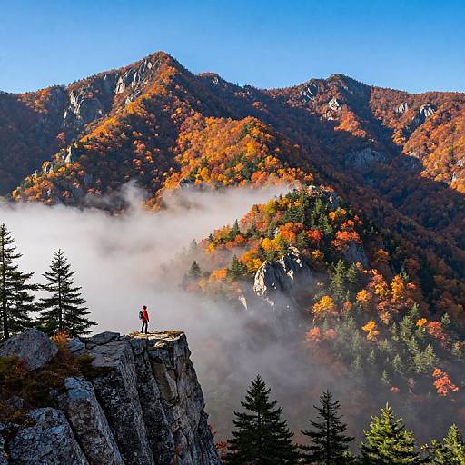 Photograph of a lone hiker in red jacket standing on a rocky cliff, overlooking mist-covered autumn mountains with vibrant orange and green foliage. Clear blue
